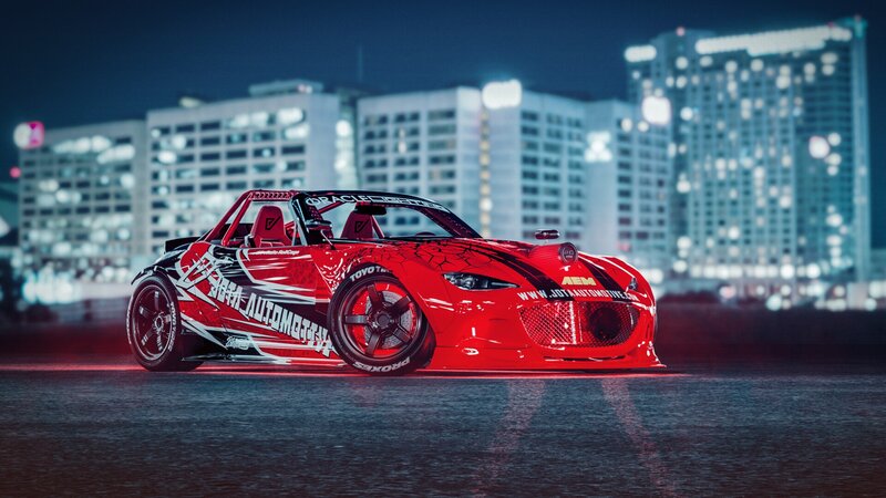 Red Drift Car — Dramatic, Night, Digital Art, City Skyline