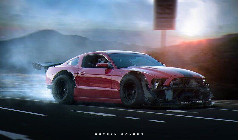Red Drift Car — Dramatic, Sunset