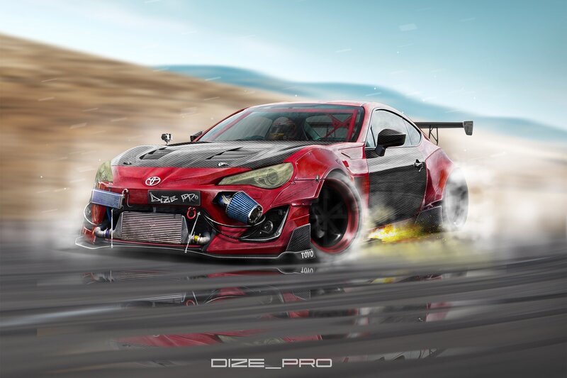 Red Drift Car — Dynamic, Afternoon, Digital Art