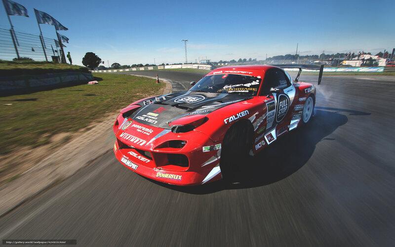 Red Drift Car — Dynamic, Afternoon, Photograph, Race Track, Flags