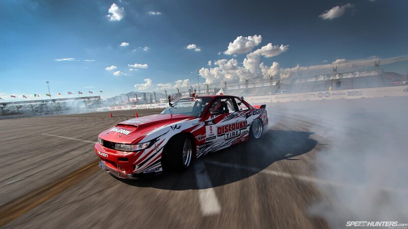 Red Drift Car — Dynamic, Afternoon, Photograph, Race Track, Smoke, Clouds
