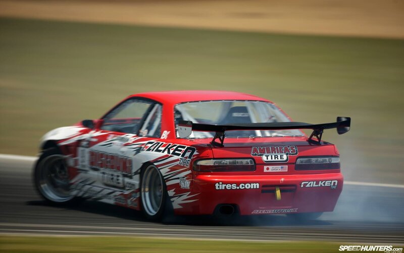 Red Drift Car — Dynamic, Afternoon, Photograph, Race Track, Tire Smoke
