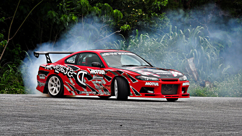Red Drift Car — Dynamic, Afternoon, Photograph, Smoke