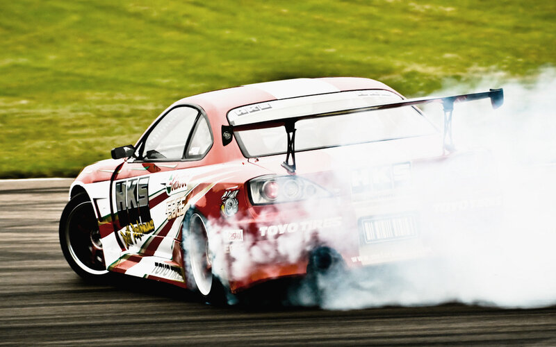 Red Drift Car — Dynamic, Afternoon