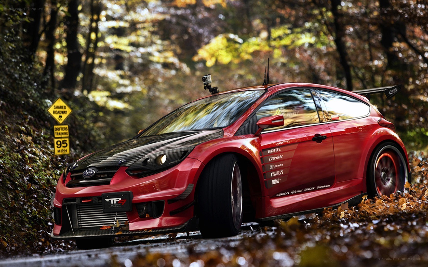 Red drift car in autumn forest