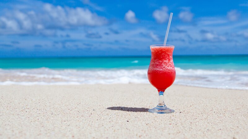 Red Drink on Beach — Blue, Relaxed