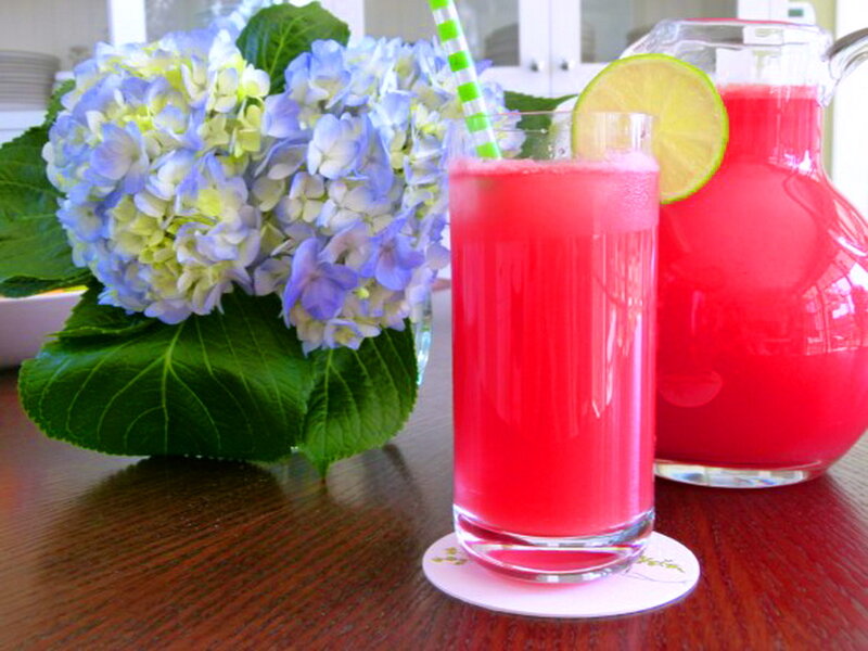 Red Drink with Hydrangeas