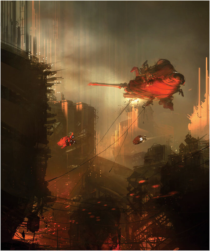 Red Drones in City