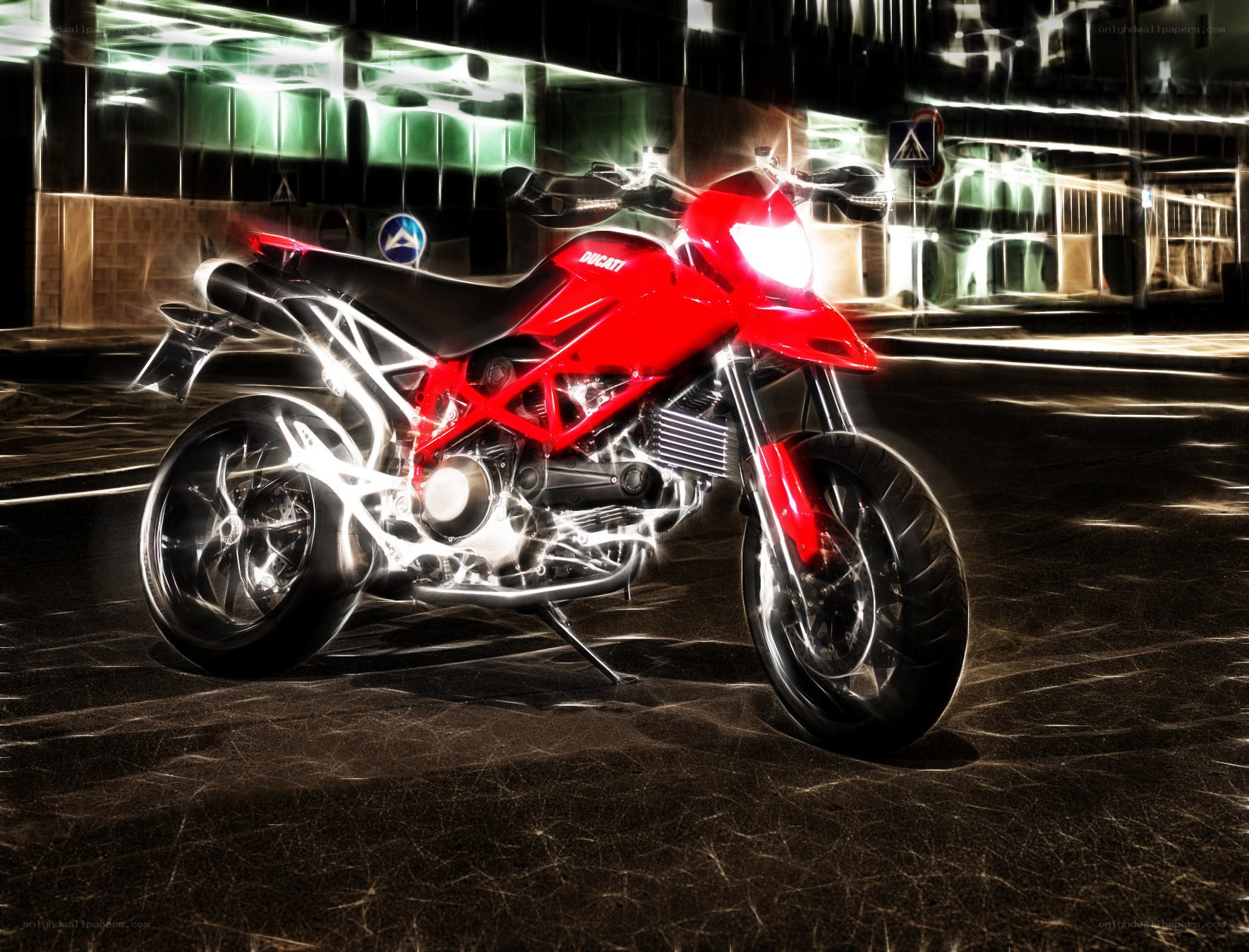Red Ducati motorcycle at night