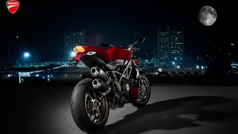 Red Ducati Motorcycle — Dramatic, Night, Photograph, Moon, City Skyline