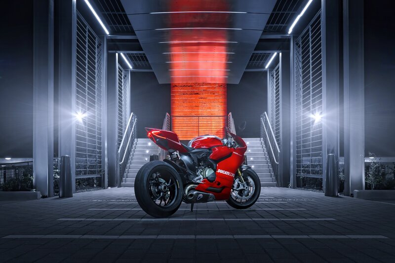 Red Ducati Motorcycle — Dramatic, Night, Photograph, Stairs