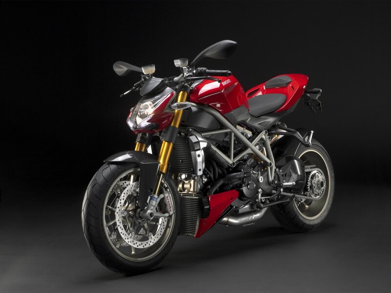 Red Ducati Motorcycle — Dramatic, Photograph, Headlight, Gold Forks, Black Background