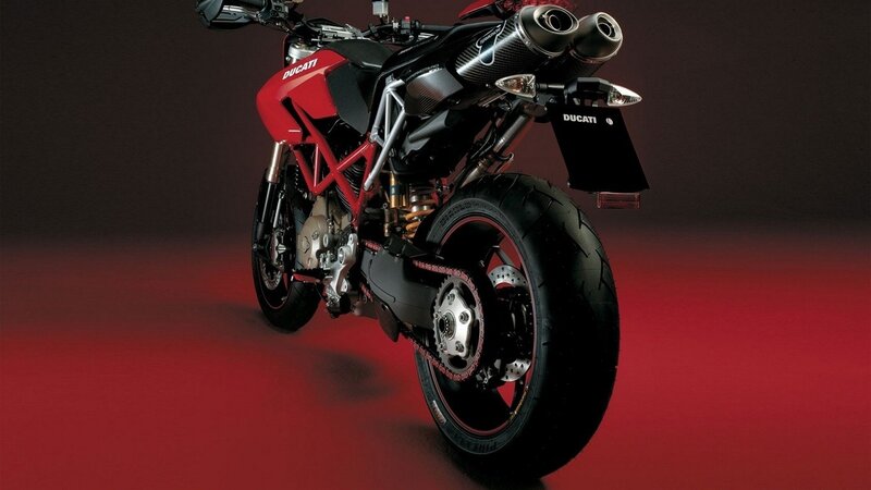 Red Ducati motorcycle rear view