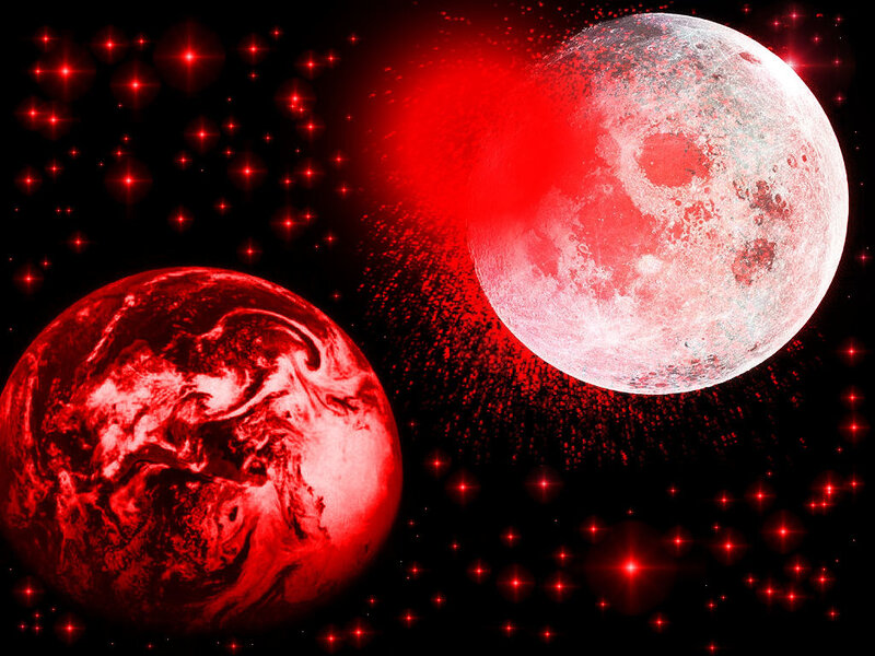 Red Earth and Moon in Space