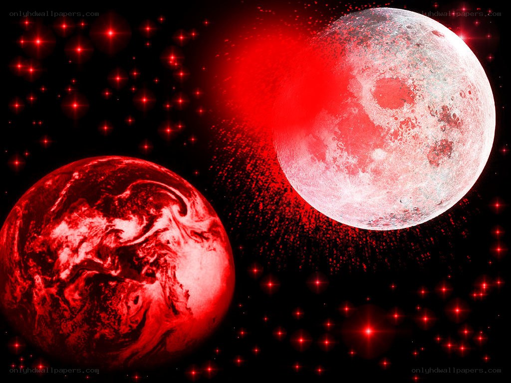 Red Earth and Moon in Space
