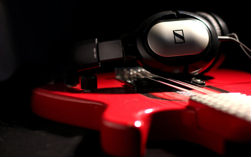 Red Electric Guitar — Dramatic, Photograph, Headphones