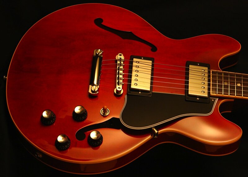 Red Electric Guitar — Dramatic, Photograph, Pickups, Control Knobs