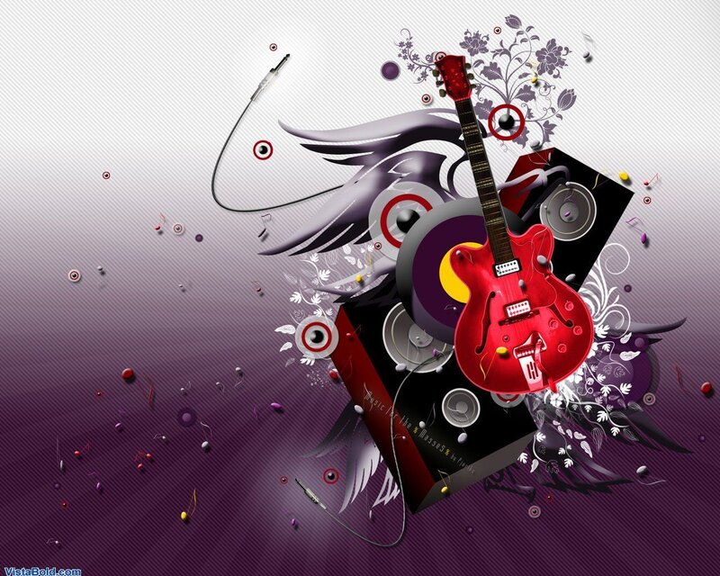 Red Electric Guitar — Purple, Dynamic, Digital Art, Speaker, Music Notes, Wings, Floral Patterns, Black
