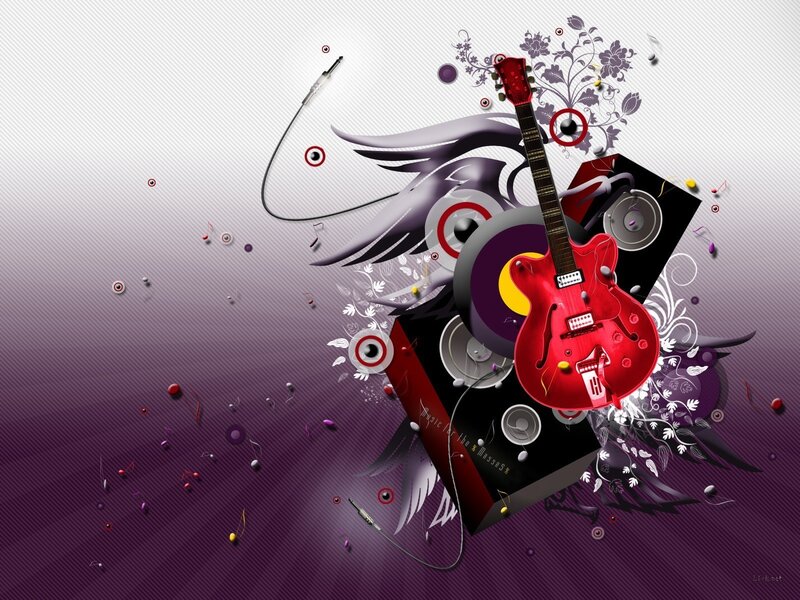 Red Electric Guitar — Purple, Dynamic, Digital Art, Speaker, Music Notes, Wings, Vinyl Record