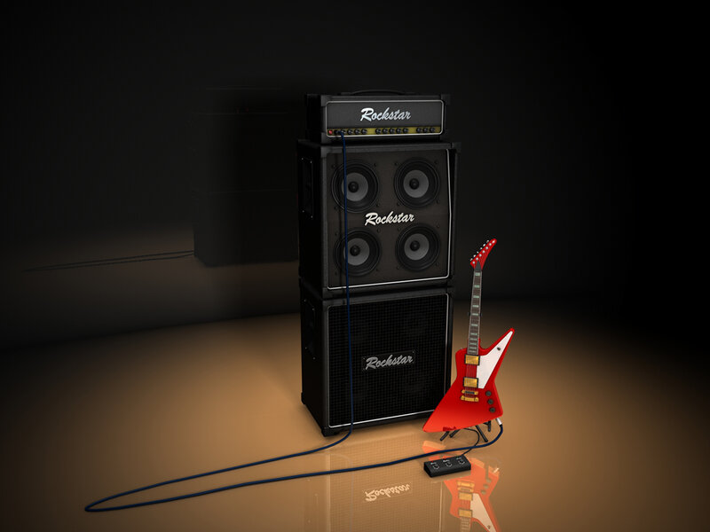 Red electric guitar with amplifier