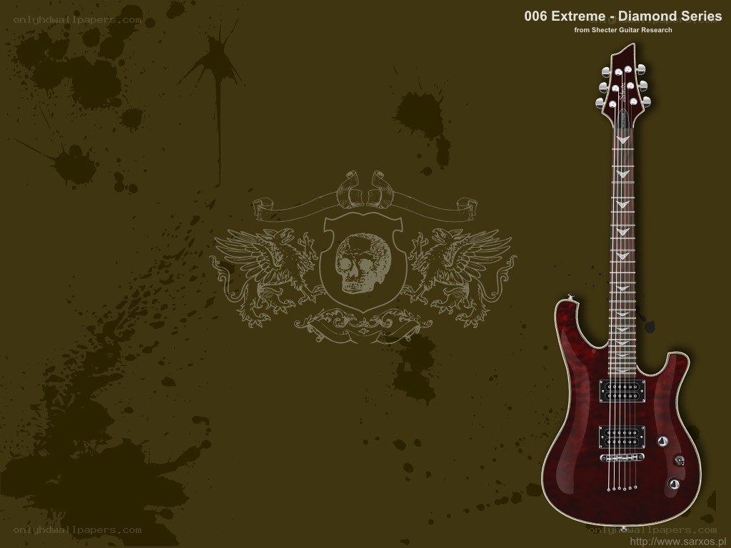 Red electric guitar with skull emblem