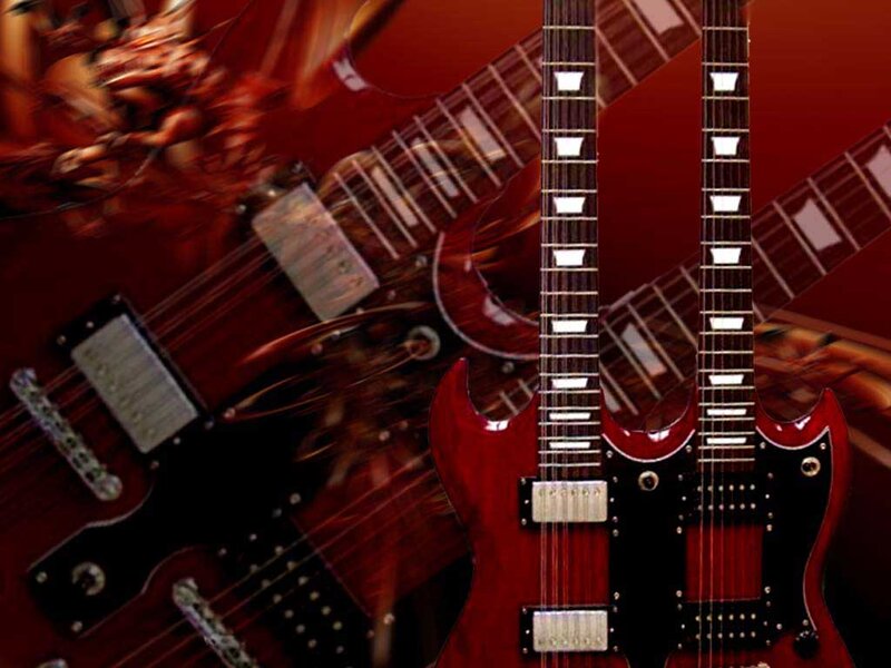 Red electric guitars collage