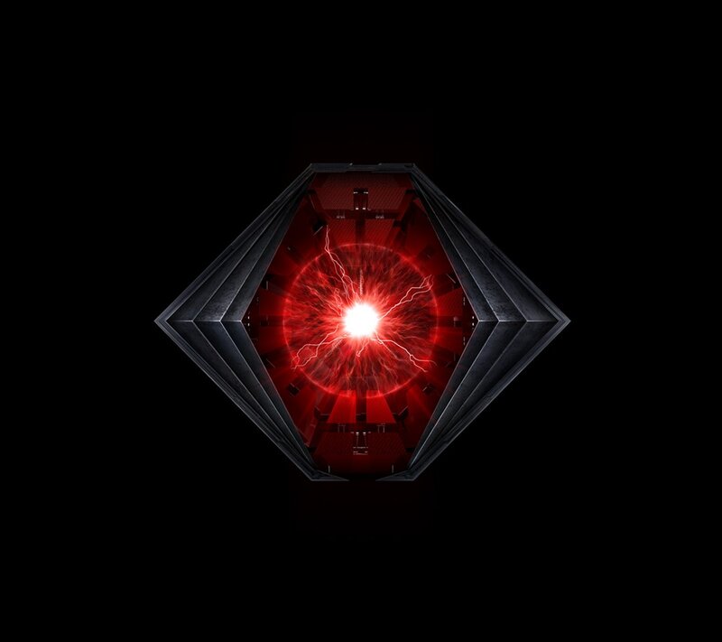 red energy core in a hexagonal frame