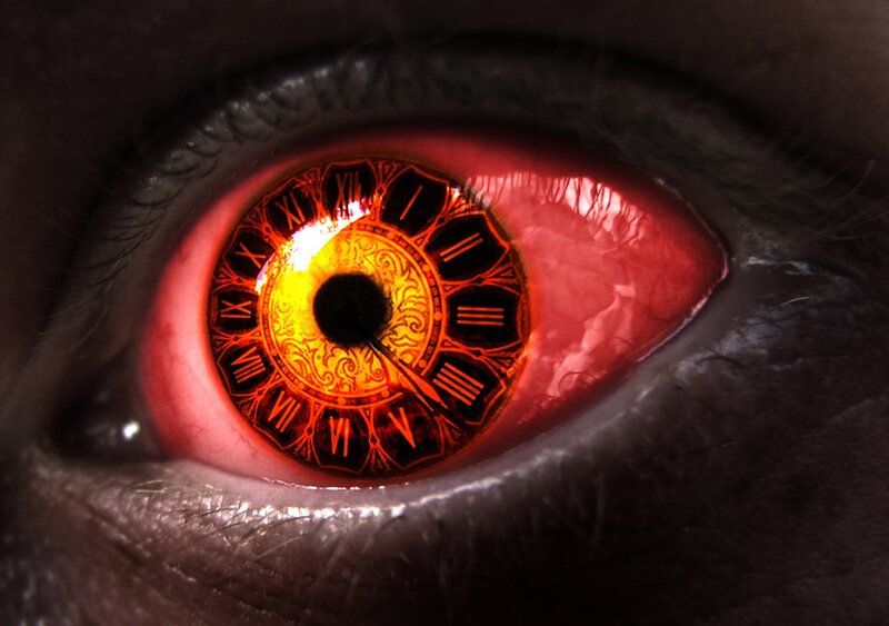 Red Eye with Clock — Dramatic, Digital Art, Roman Numerals, Eyelashes