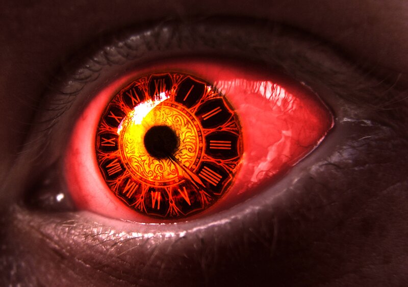 Red Eye with Clock — Dramatic, Digital Art, Roman Numerals