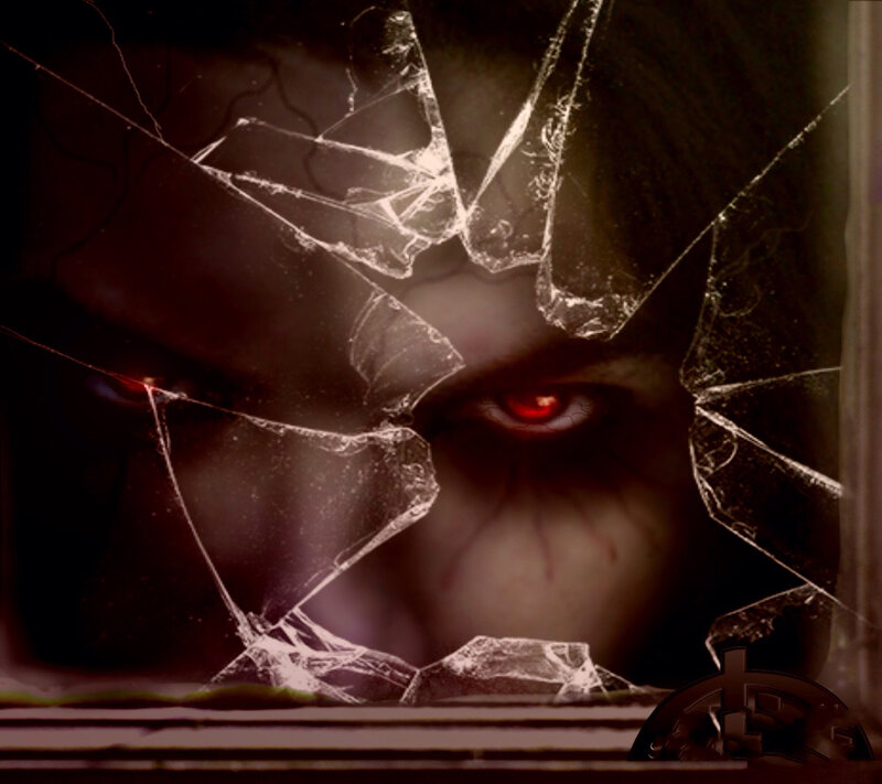 Red-eyed Figure Behind Glass