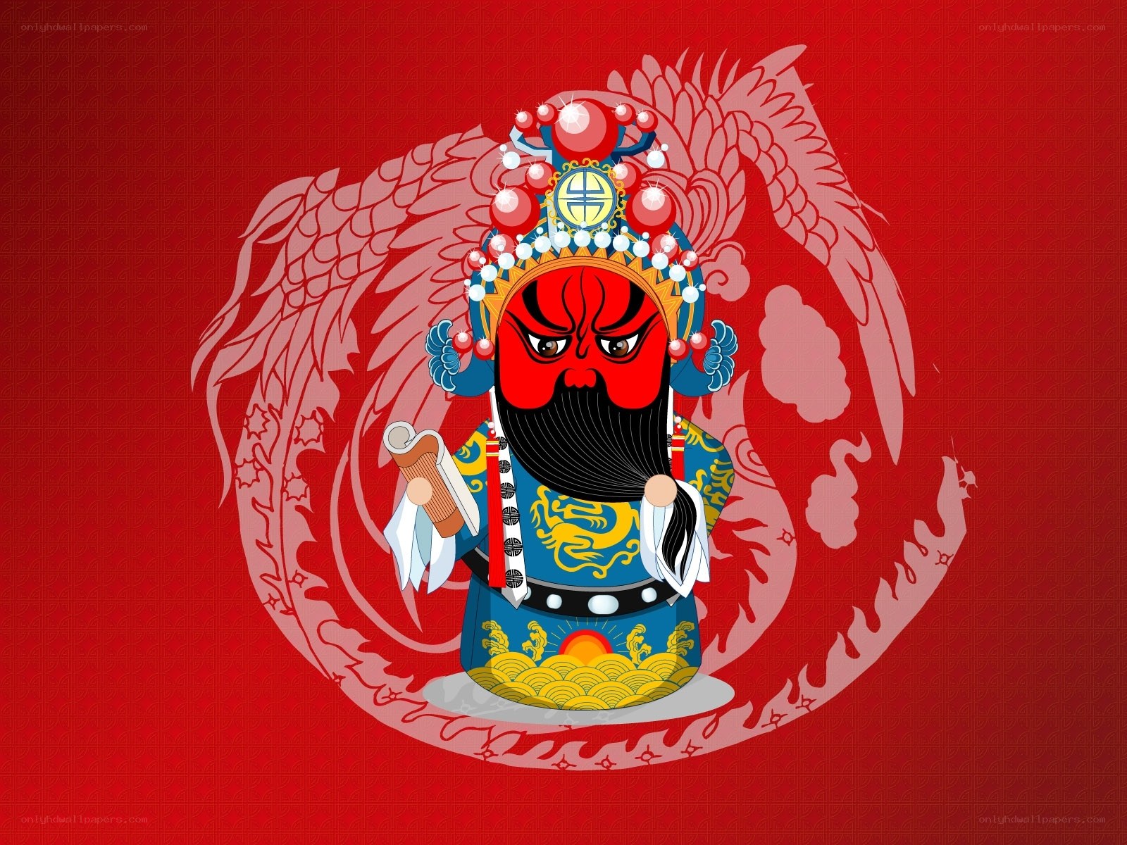 Red-faced opera character with dragon