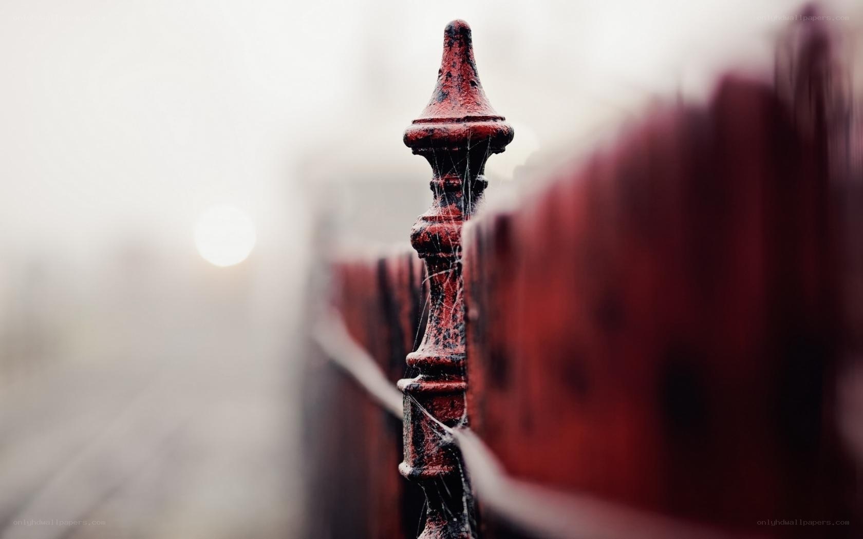 Red fence post in fog
