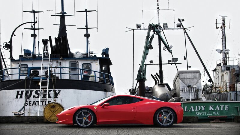 Red Ferrari at a Seattle dock