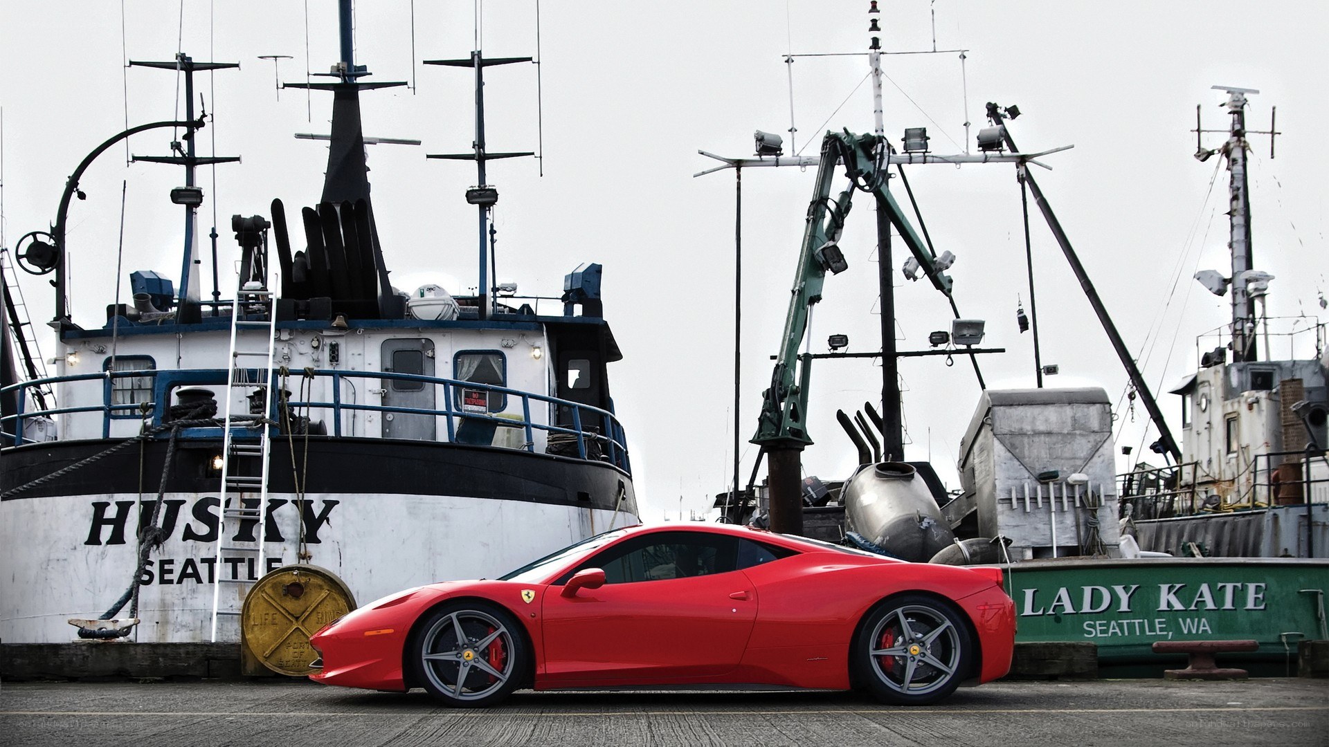 Red Ferrari at a Seattle dock