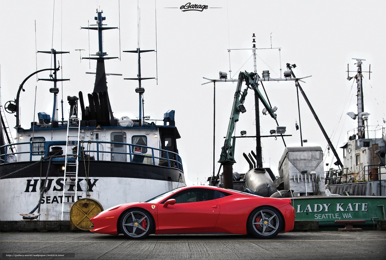Red Ferrari at a Seattle dock