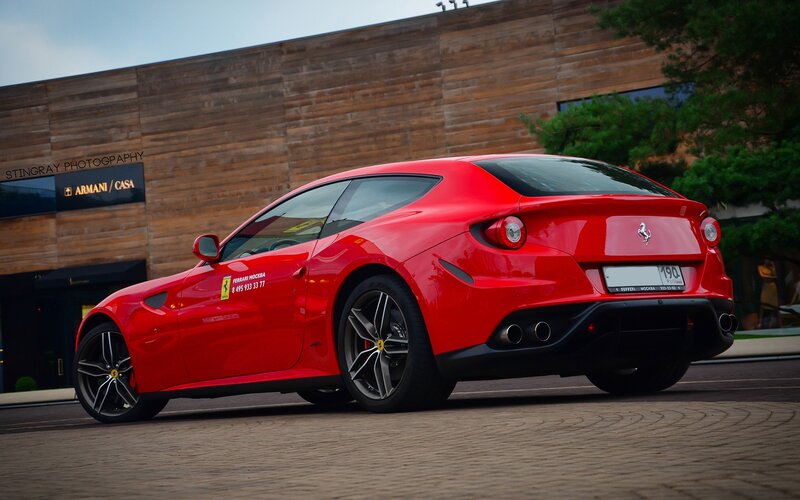 Red Ferrari Car — Dramatic, Afternoon, Photograph, Building, Trees