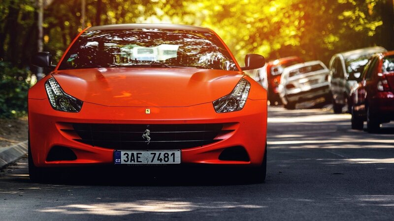 Red Ferrari Car — Dramatic, Afternoon, Photograph, Trees