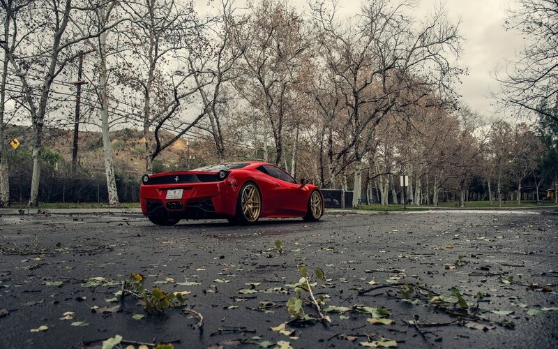 Red Ferrari Car — Dramatic, Autumn