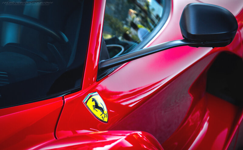 Red Ferrari Car — Dramatic, Photograph, Car Door, Side Mirror