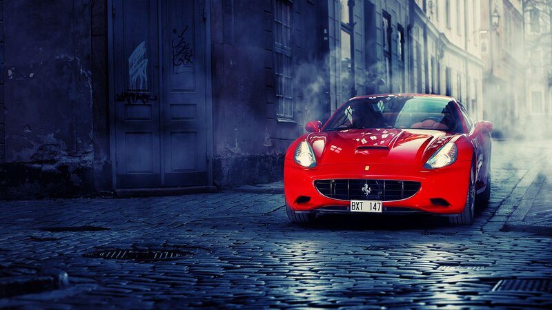 Red Ferrari Car — Dramatic, Photograph, Cobblestone Street, Graffiti