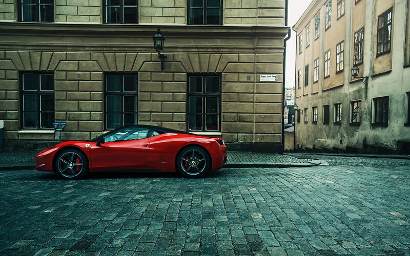 Red Ferrari Car — Dramatic, Photograph, Cobblestone Street