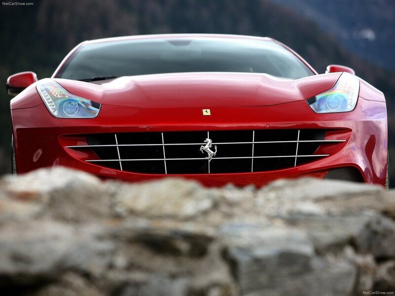 Red Ferrari Car — Dramatic, Photograph, Grille, Headlights, Stone Wall