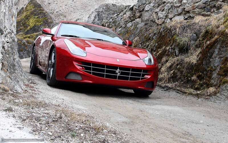 Red Ferrari Car — Dramatic, Photograph, Road, Rocky Hill