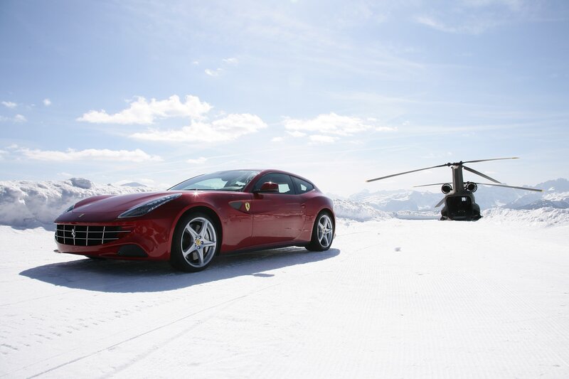 Red Ferrari Car — Dramatic, Winter, Photograph, Helicopter