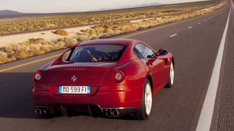 Red Ferrari Car — Dynamic, Afternoon, Photograph, Road, Desert, Mountains, Gray