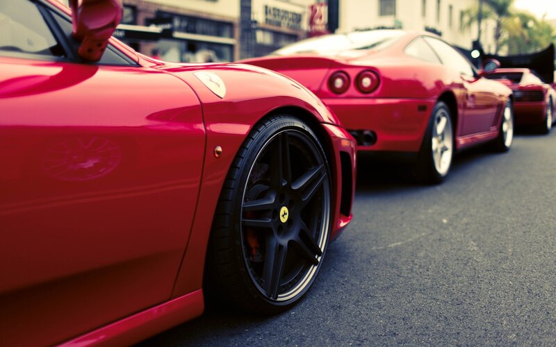 Red Ferrari Cars — Dramatic, Afternoon, Photograph, Street