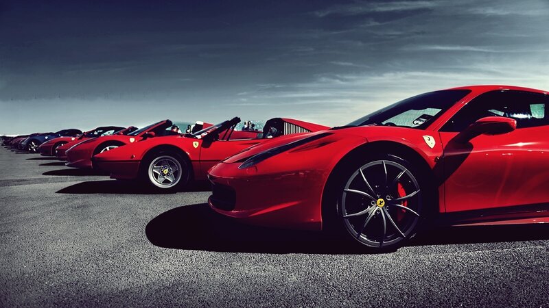 Red Ferrari Cars — Dramatic, Photograph, Sky