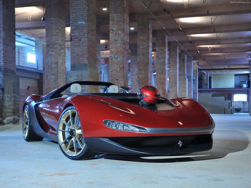Red Ferrari Concept Car — Dramatic, Photograph, Helmet, Brick Pillars