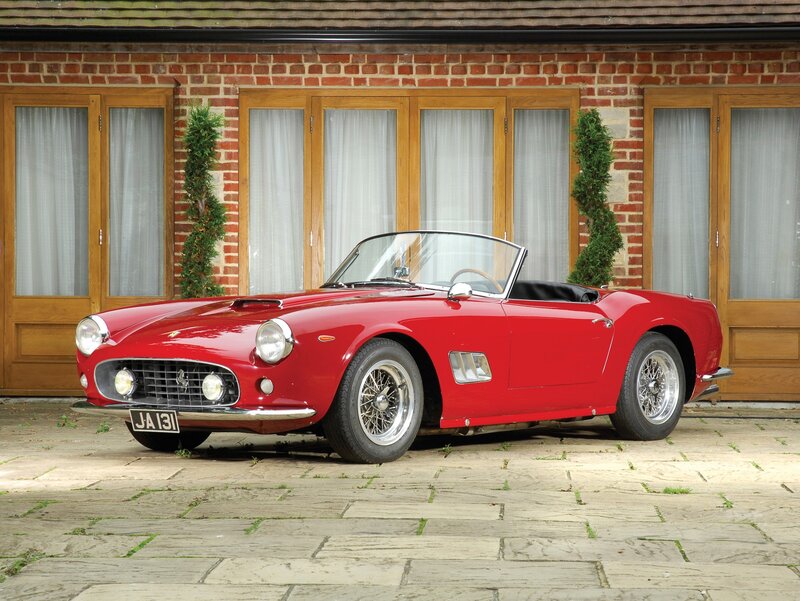 Red Ferrari Convertible — Calm, Afternoon, Photograph, Brick Building