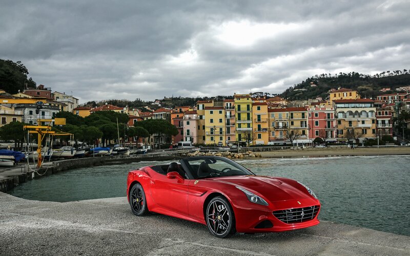 Red Ferrari Convertible — Dramatic, Photograph, Car, Harbor